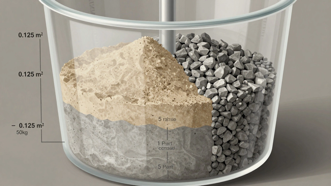 Схема состава бетона: цемент, песок и щебень в пропорции 1:3:5 в миксере.