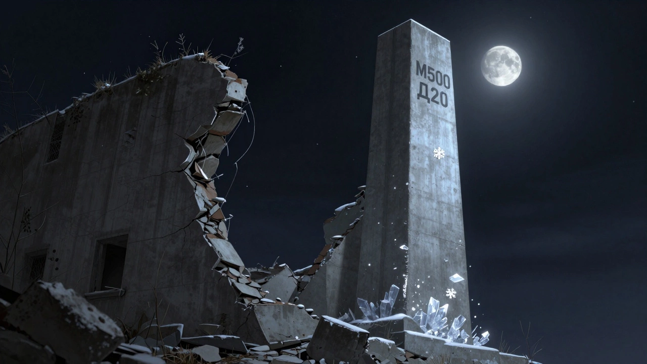 Современный бетонный столб М500 Д20 рядом с руинами старого здания под звездным небом.