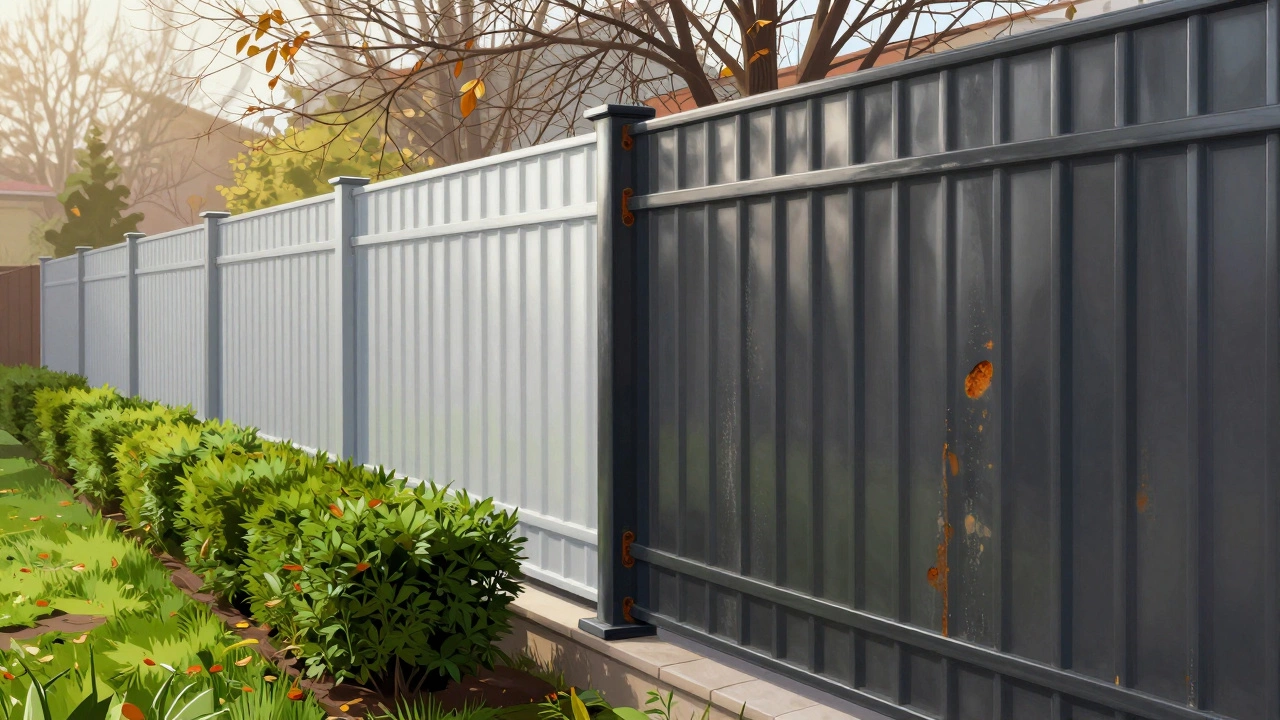 Современный забор из профнастила: чистая покрытая сторона смотрит на сад, а грубая — на зрителя, осенний свет.