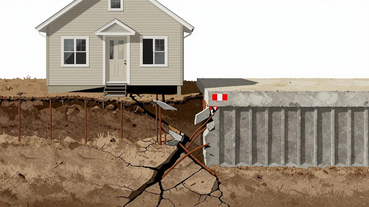 Сравнение разрушенного и правильного фундамента в разрезе: усадка и трещины против устойчивой конструкции.