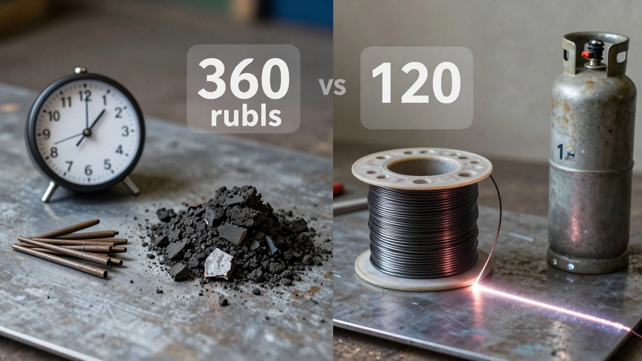 Сравнение затрат и времени: электроды с шлаком и 45 минут против проволоки без шлака и 12 минут.