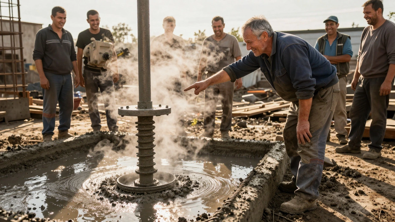 Строитель держит вибратор для бетона, погруженный в свежую смесь, вокруг — пар и бетонные стены.