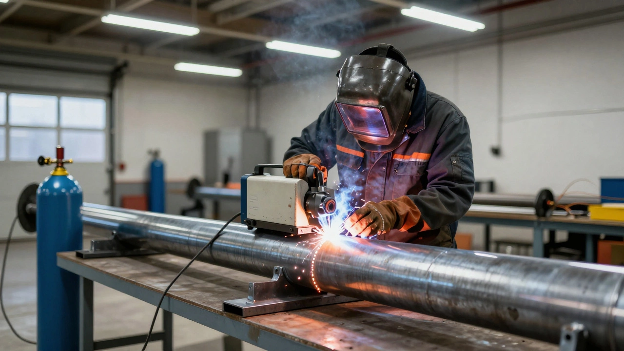 Сварка проволокой в теплом цеху: ровный шов, баллон с газом и катушка проволоки на фоне чистого рабочего места.