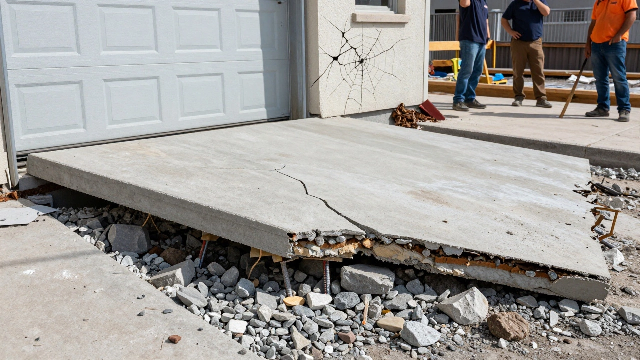 Трещиноватый бетон на щебне без армирования, перекошенный гараж и разрушенная стена.