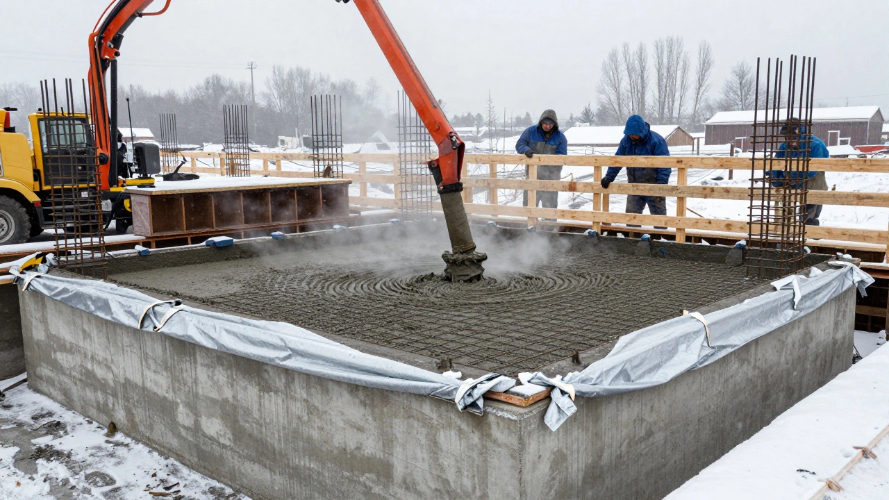 Заливка бетона в опалубку с арматурой под зимними условиями, с укрытием и паром.