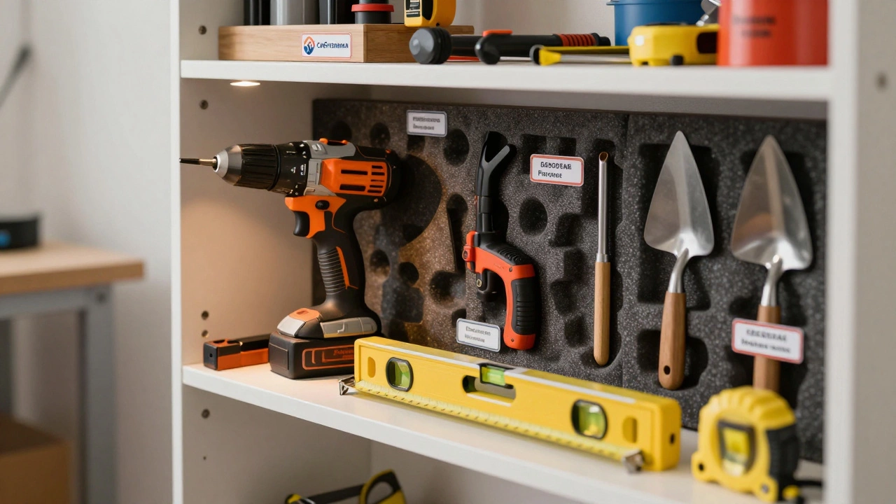 Аккуратно уложенные инструменты в ящике: дрель, рулетка, уровень и мастерок.