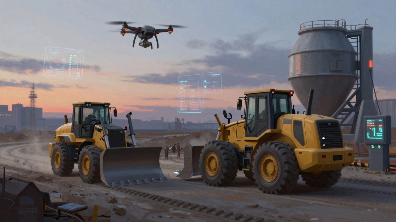 Автономный бульдозер движется по GPS-маршруту на умной стройке, рядом — умная бетономешалка.