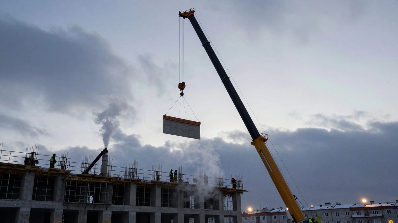 Башенный кран поднимает бетонную панель над строящимся жилым домом в зимнем городе.