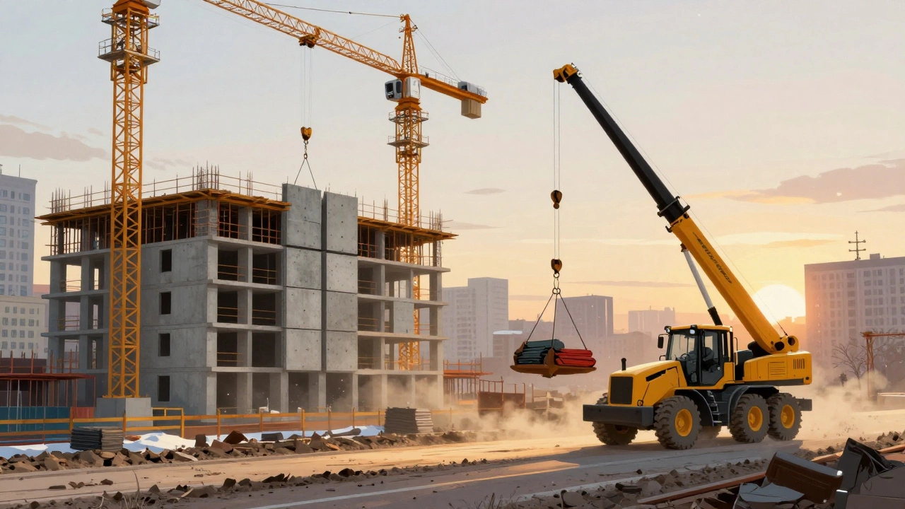Башенный кран поднимает бетонные панели на строящееся здание, рядом — грейдер выравнивает дорогу.