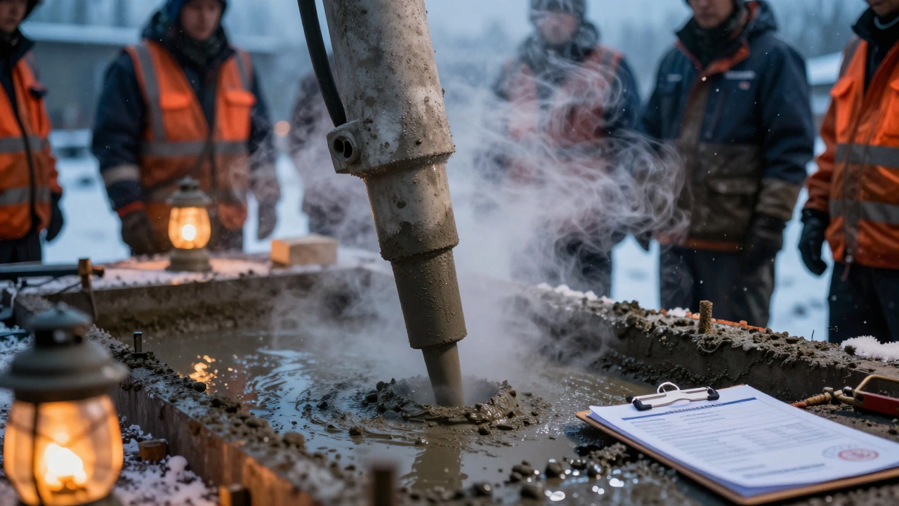 Бетон заливается в опалубку с вибрацией, на фоне зимнего пейзажа Екатеринбурга, виден сертификат качества на планшете.