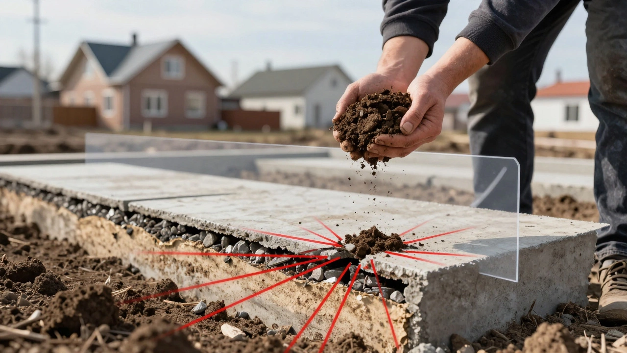 Человек держит землю в руке, рядом — фундамент без подушки, на прозрачном слое показаны отсутствующие слои и трещины.