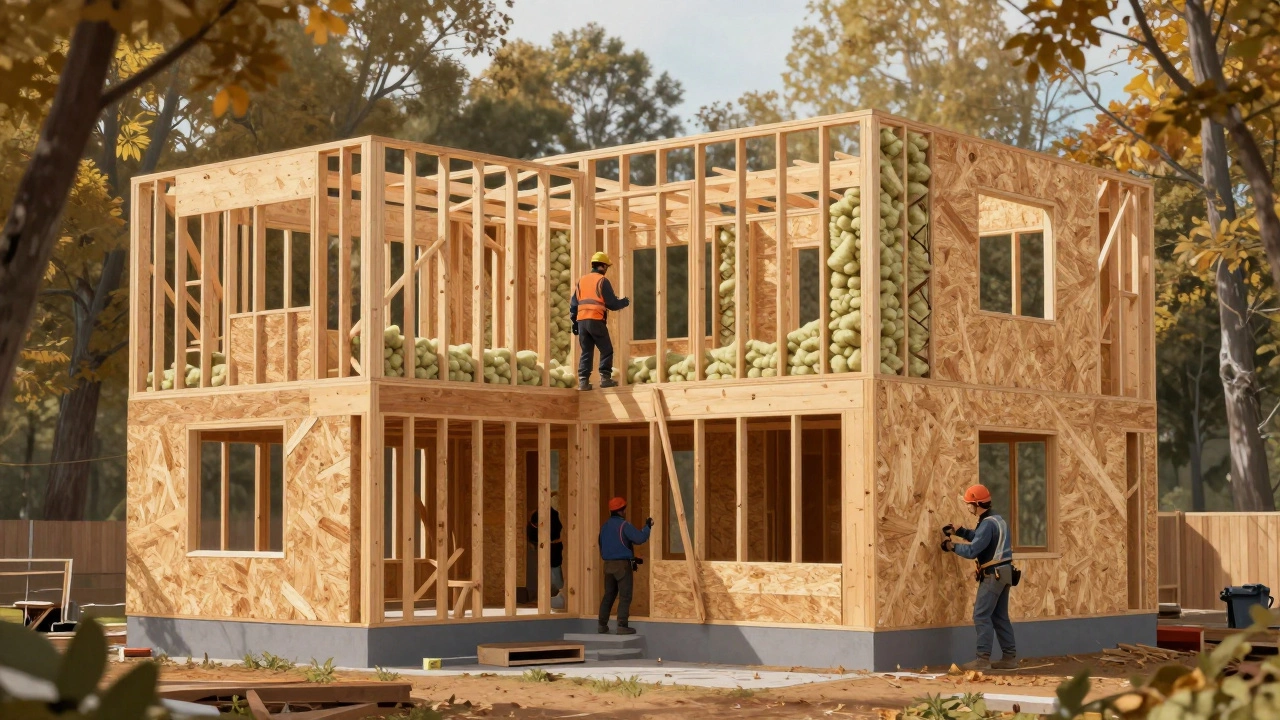 Деревянный каркас дома с утеплителем и обшивкой, рабочие монтируют панели наружу.
