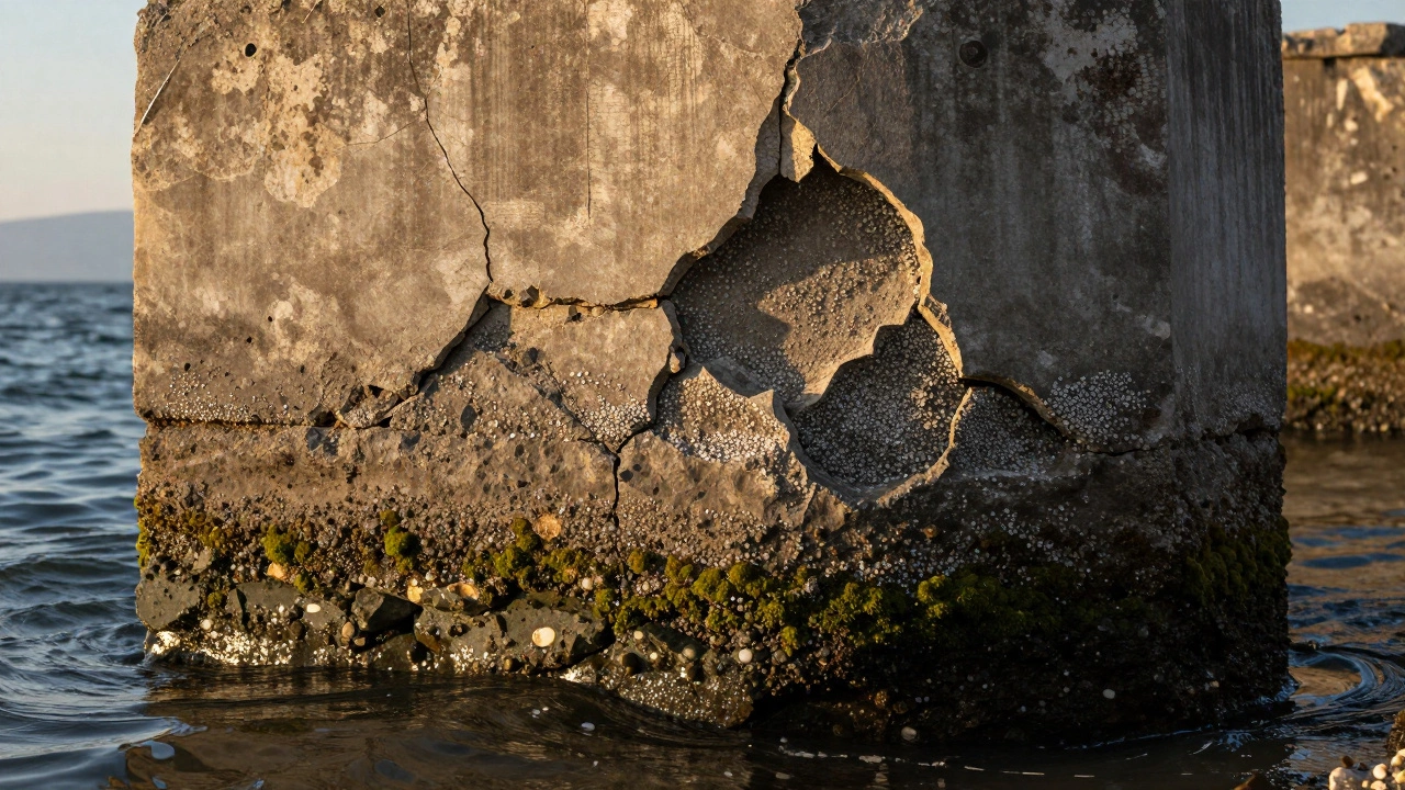 Древний римский бетонный столб с видимыми следами длительной гидратации под морской волной.