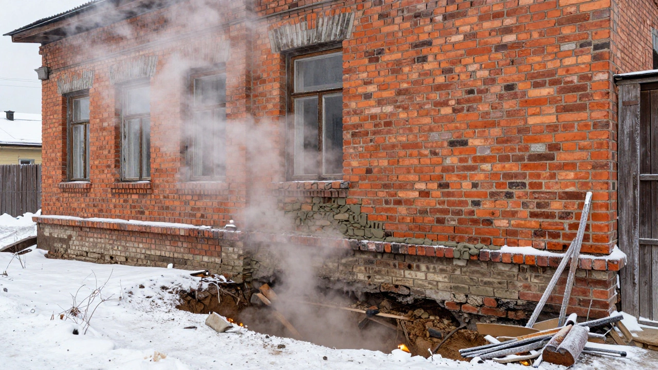 Кирпичный дом с толстыми стенами зимой, виден глубокий фундамент и пар от раствора.