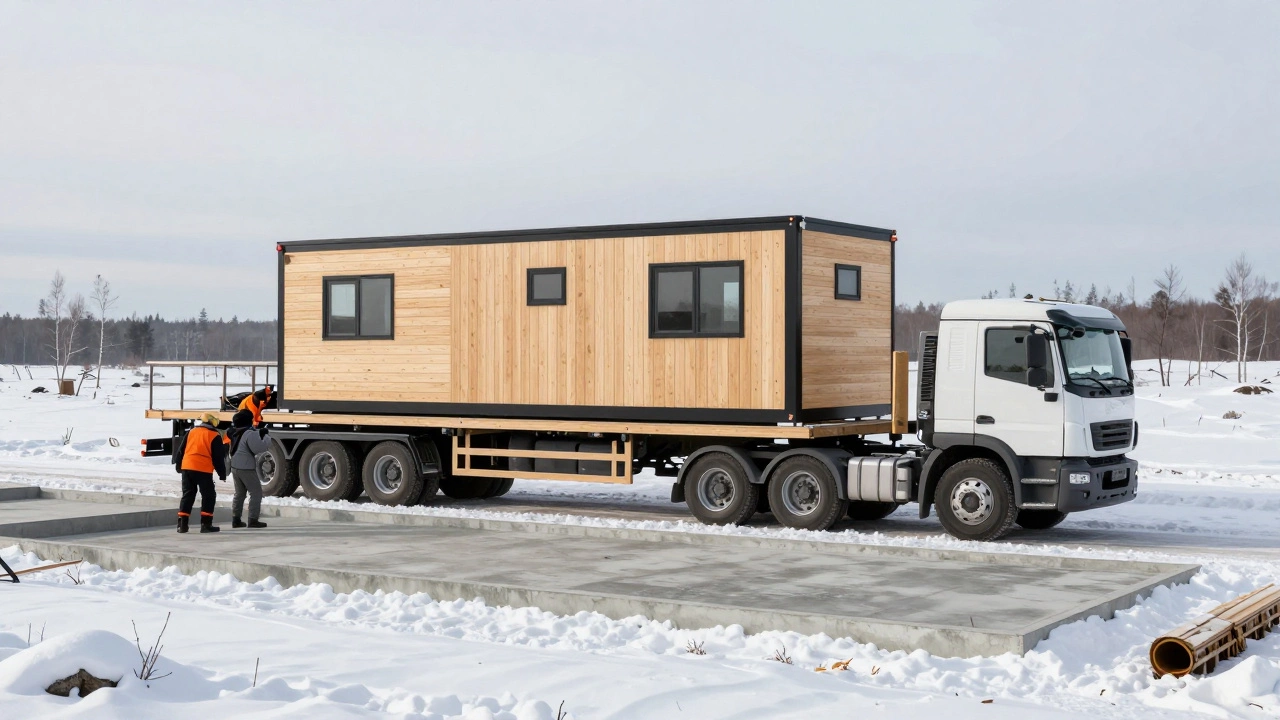 Модульный дом на грузовике прибывает на снежный участок, рабочие готовят ровный фундамент.