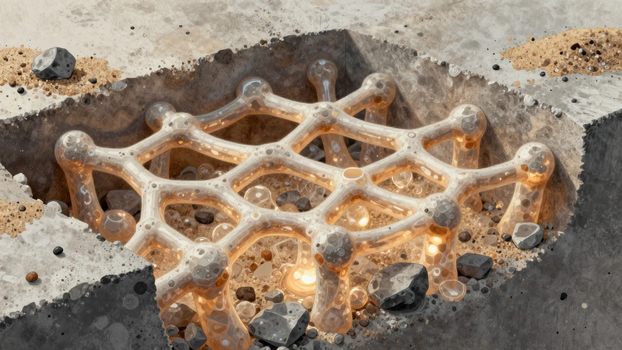 Молекулярная структура геля C-S-H, растущего и переплетающегося внутри бетона.