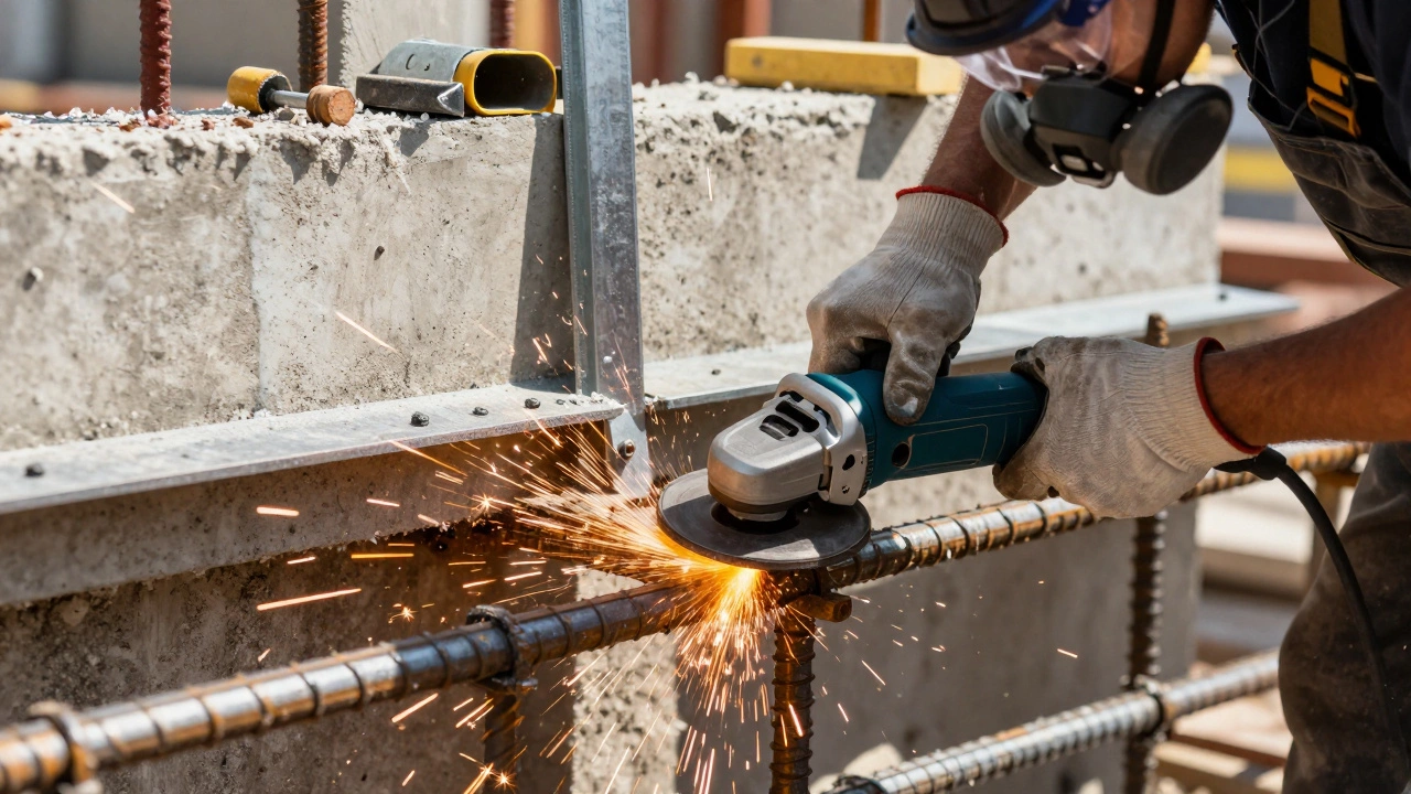 Профессионал режет арматуру болгаркой, летят искры, на нем защитная экипировка.