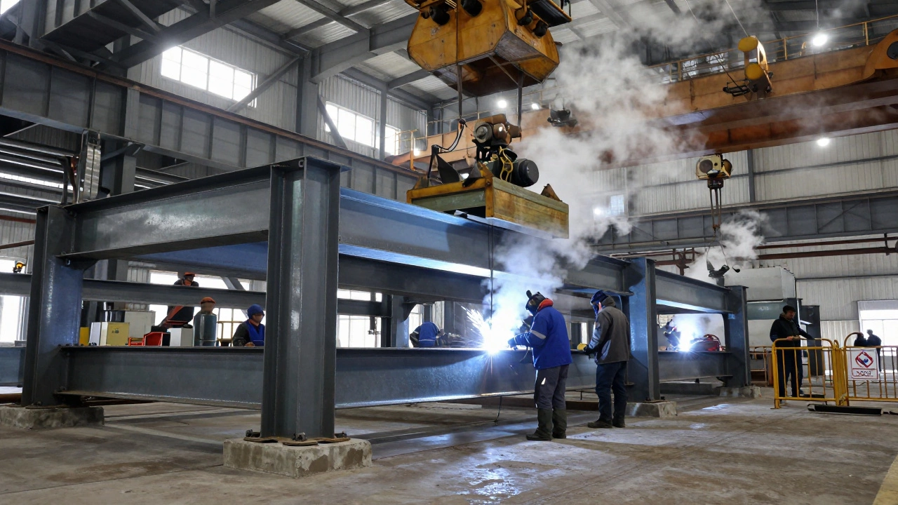 Промышленная площадка с толстыми стальными конструкциями и сварочными работами.