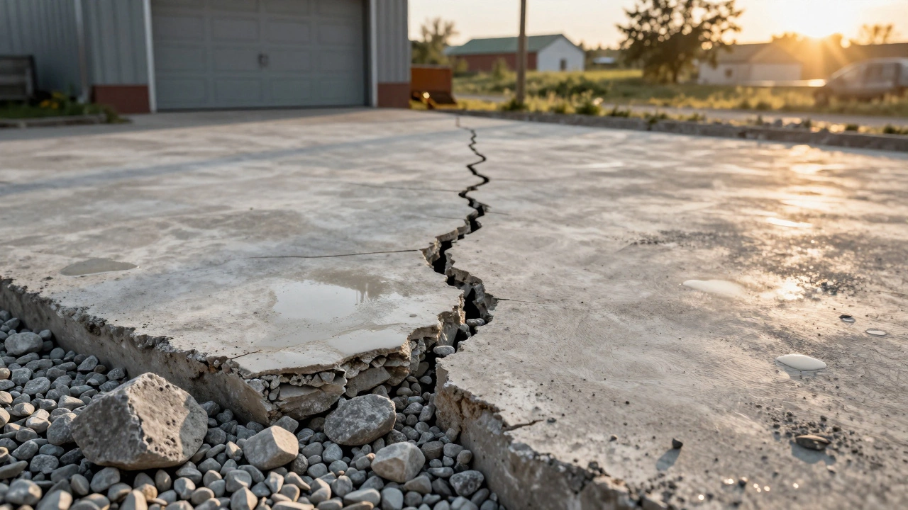 Разделённое изображение: треснувший бетон слева и идеальный — справа, с акцентом на состав.