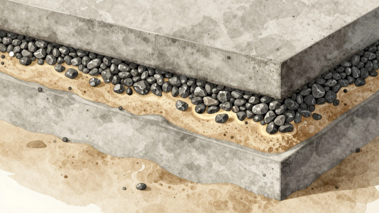 Разрез бетона с видимыми слоями цемента, песка и щебня, как научная иллюстрация.