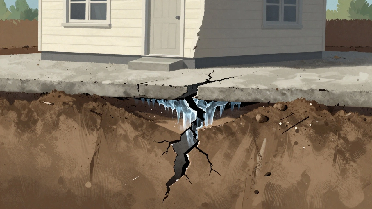 Разрез фундамента: треснувший бетон на глине с водой и льдом, рядом — правильная конструкция с подушкой.