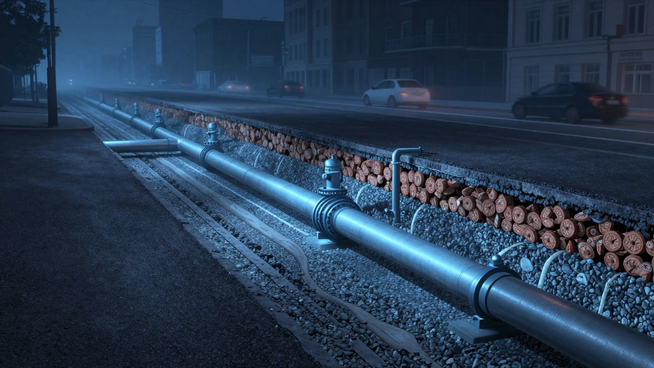 Разрез подземной инфраструктуры: трубы, дренаж и геотекстиль под улицей.