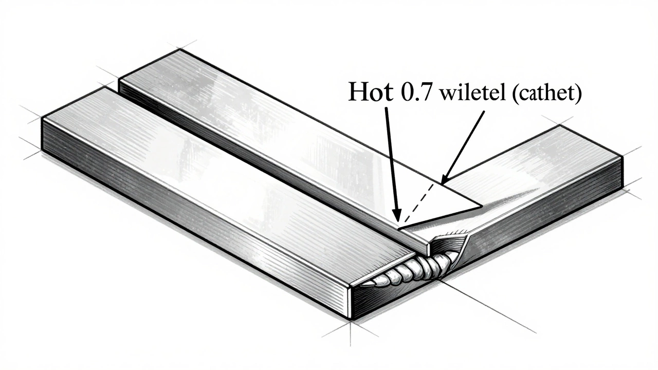 Схема поперечного сечения углового сварного шва с обозначенным катетом.