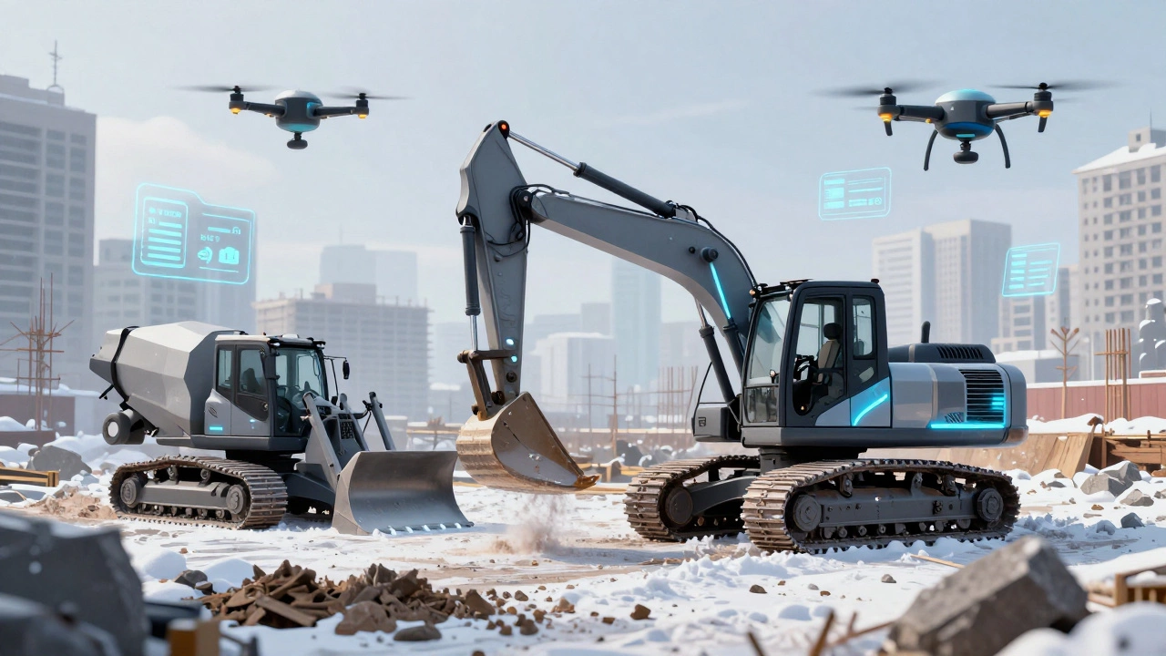 Современная стройплощадка с электрической техникой, дронами и цифровыми индикаторами на снежном фоне.