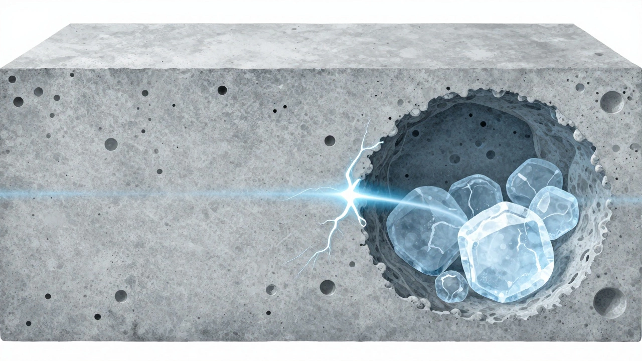 Сравнение внутренней структуры бетона: плотный кристаллический матрикс и пористая разрушающаяся структура с льдом.