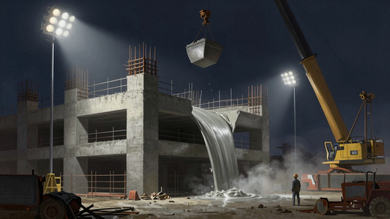 Заливка бетона в опалубку ночью под светом прожекторов, кран и рабочий на фоне.