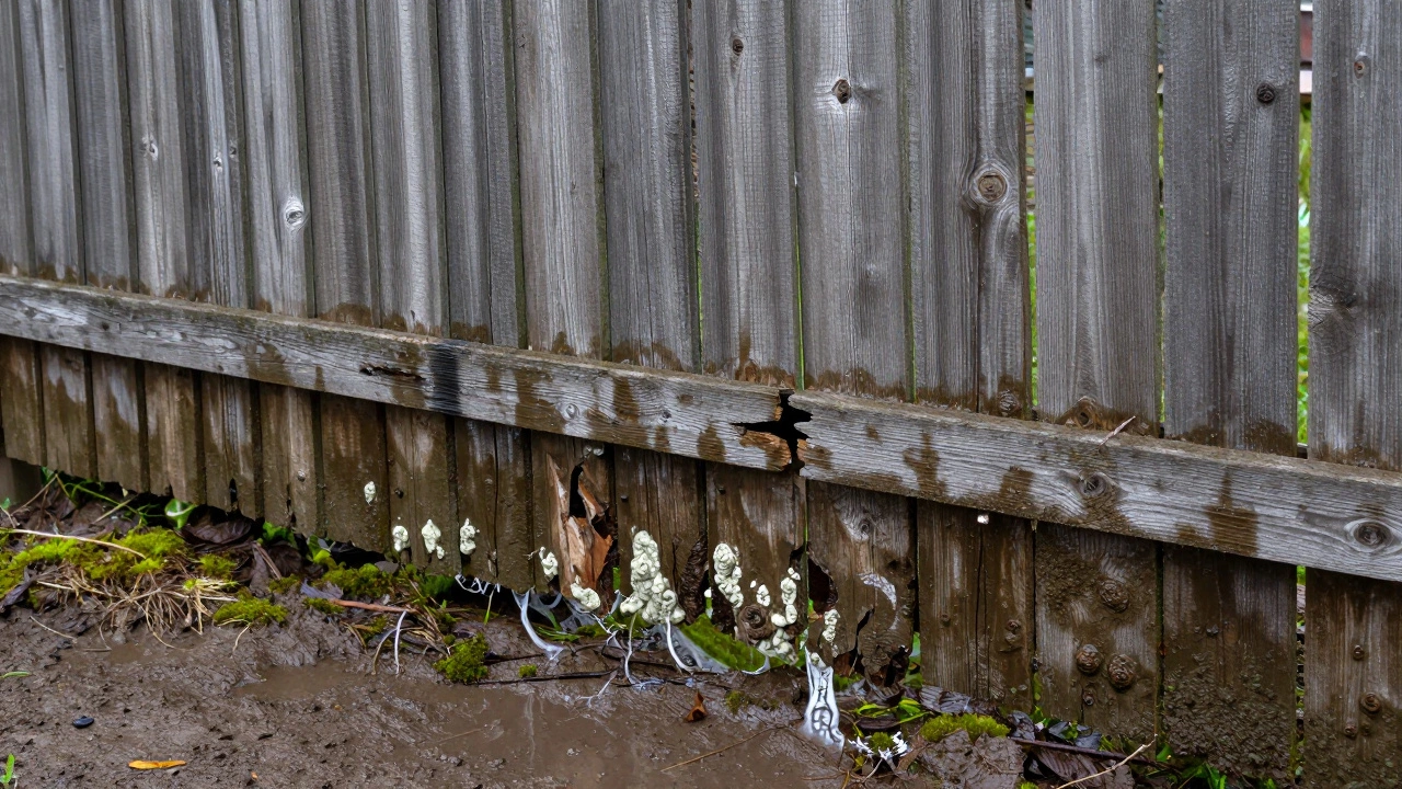 Деревянный забор с гниющими досками, контактирующими с землёй, без зазора и признаками влаги.