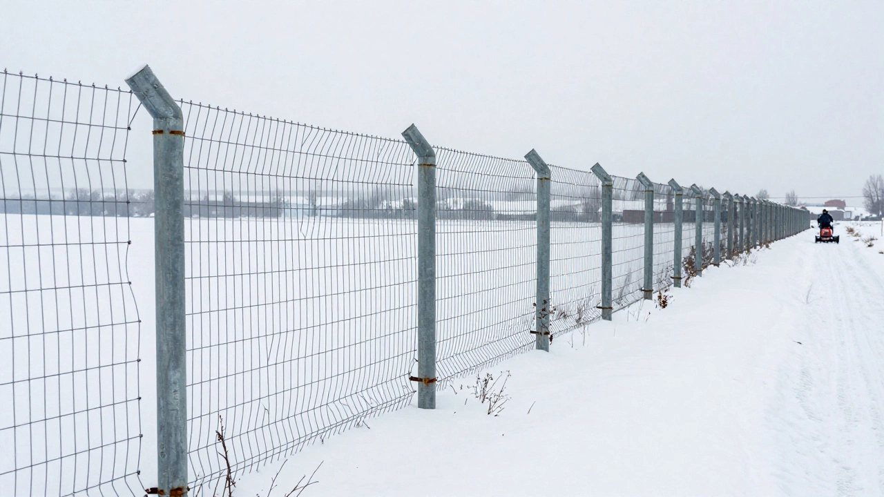 Круглая труба с сеткой-рабицей под снегом в сельской местности.