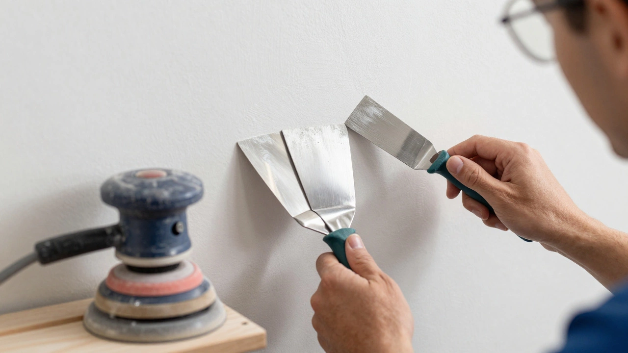 Профессиональное нанесение шпаклевки тремя шпателями с пылеуловителем на заднем плане.