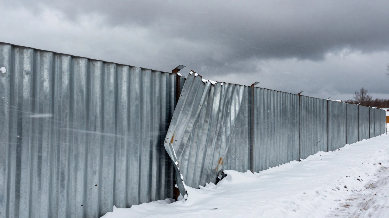 Профнастил толщиной 0,4 мм с прогибом и ослабленными креплениями под сильным ветром.