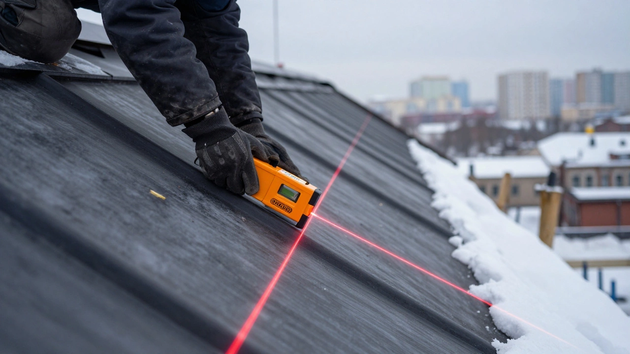 Рабочий измеряет угол наклона крыши лазерным уровнем в Екатеринбурге