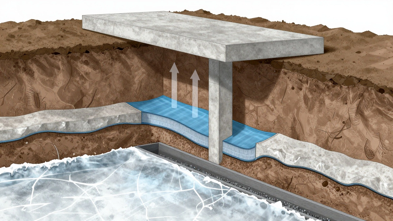 Разрез фундамента на глинистой почве: цоколь 60 см, слои грунта, капиллярный подъем влаги и двухслойная гидроизоляция.