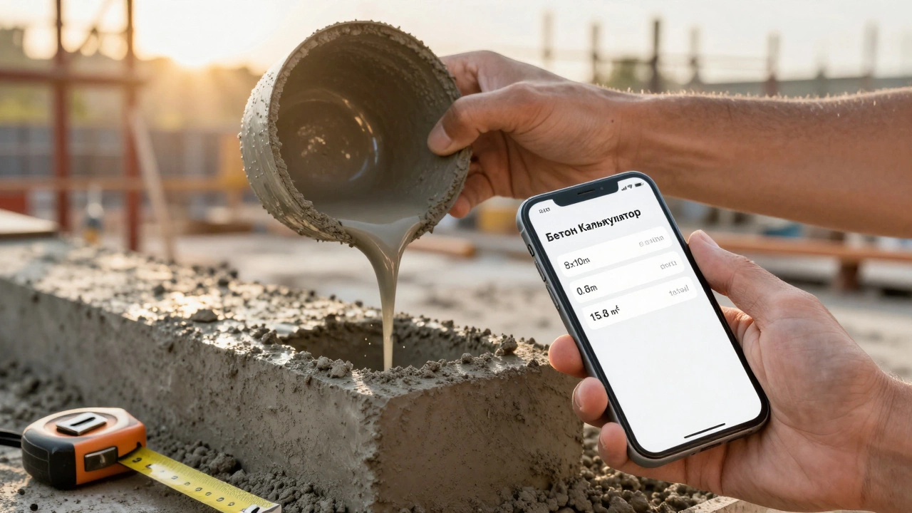 Рука заливает бетон, на телефоне открыто приложение для расчета объема.