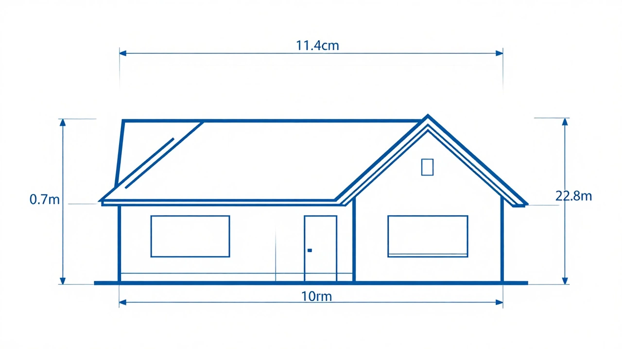 Схема двускатной крыши с обозначенными размерами: длина дома, свесы и длина ската.