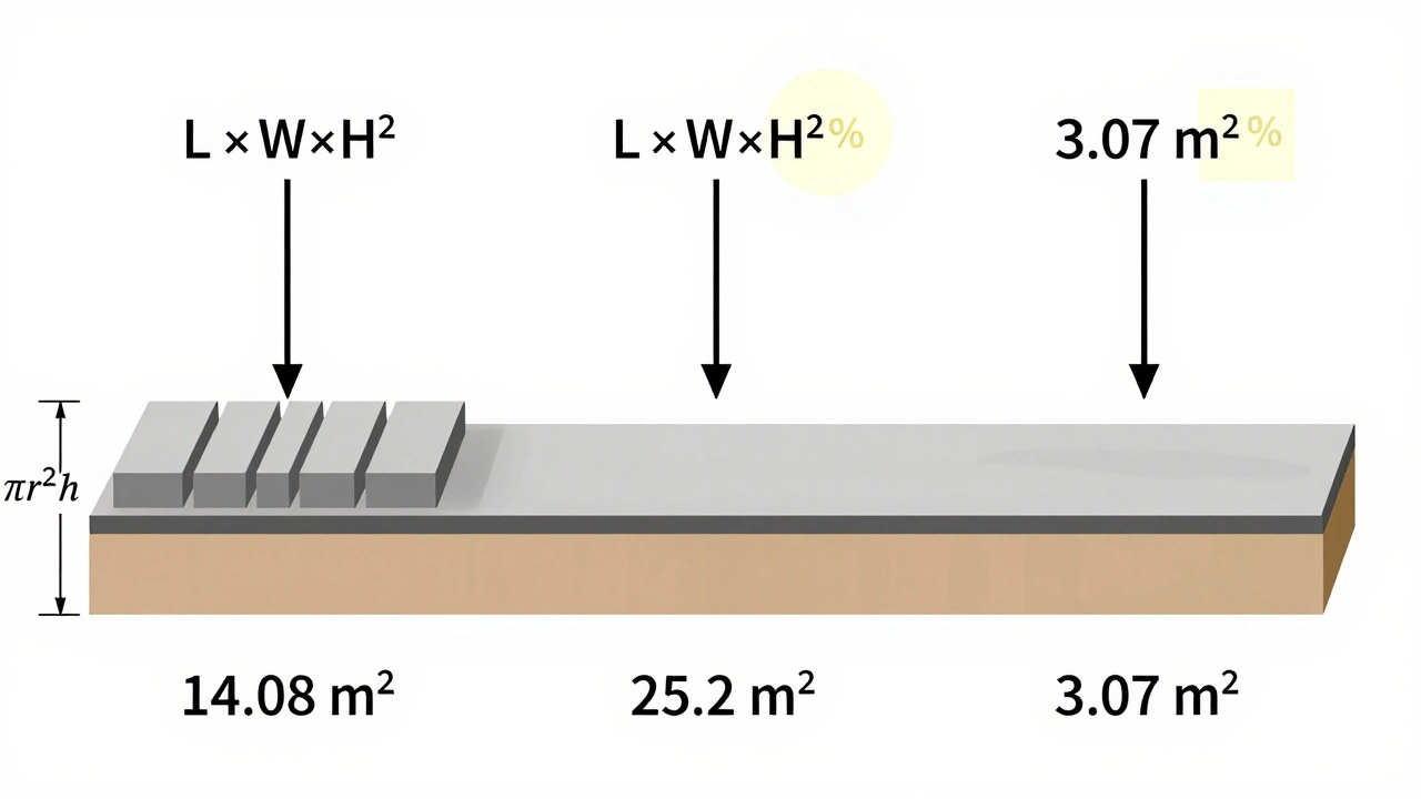 Схема трех типов фундаментов с вычисленными объемами бетона.
