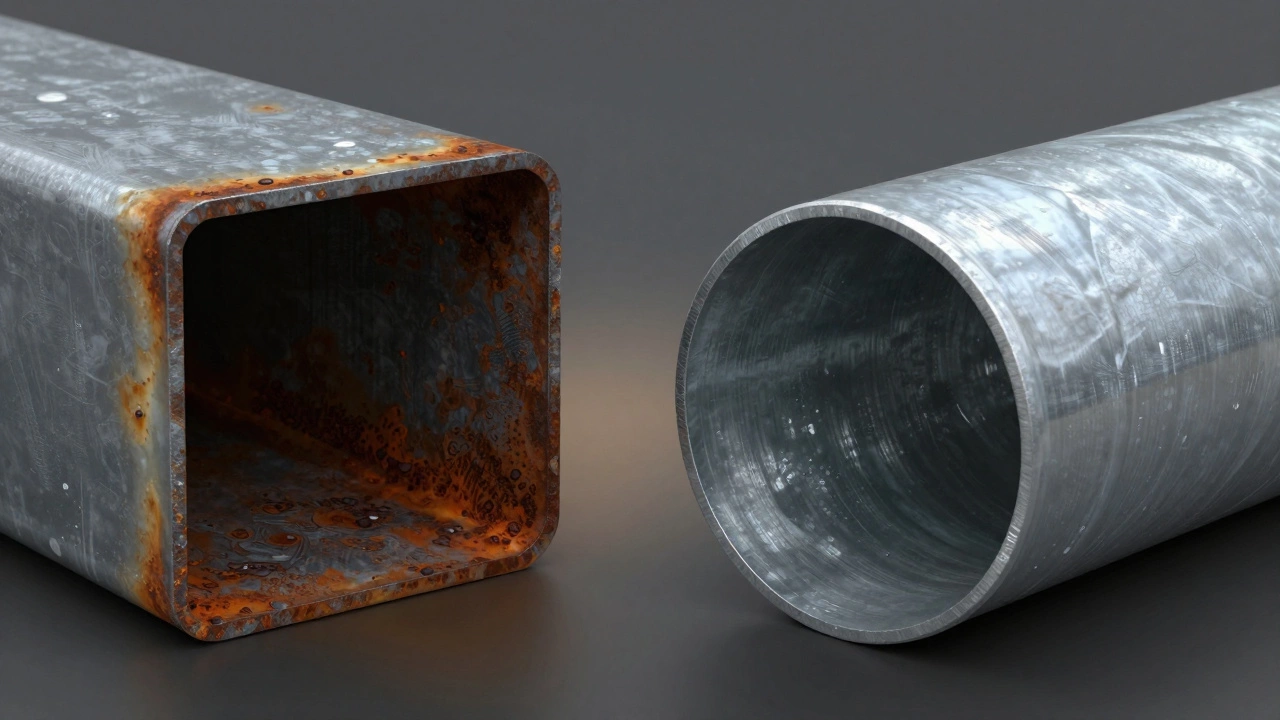 Сравнение ржавчины: в углах квадратной трубы и гладкой поверхности круглой.