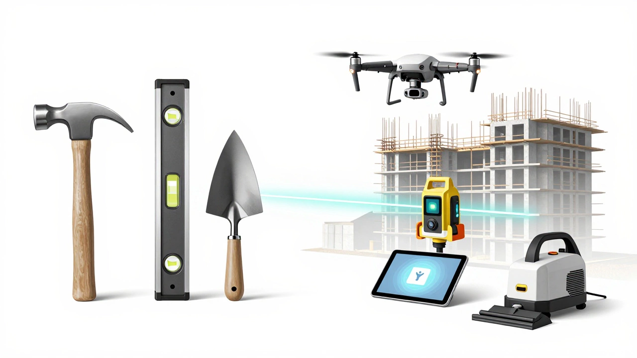 Сравнение традиционных инструментов и современной техники на стройке: дрон, умный уровень и пылесос.