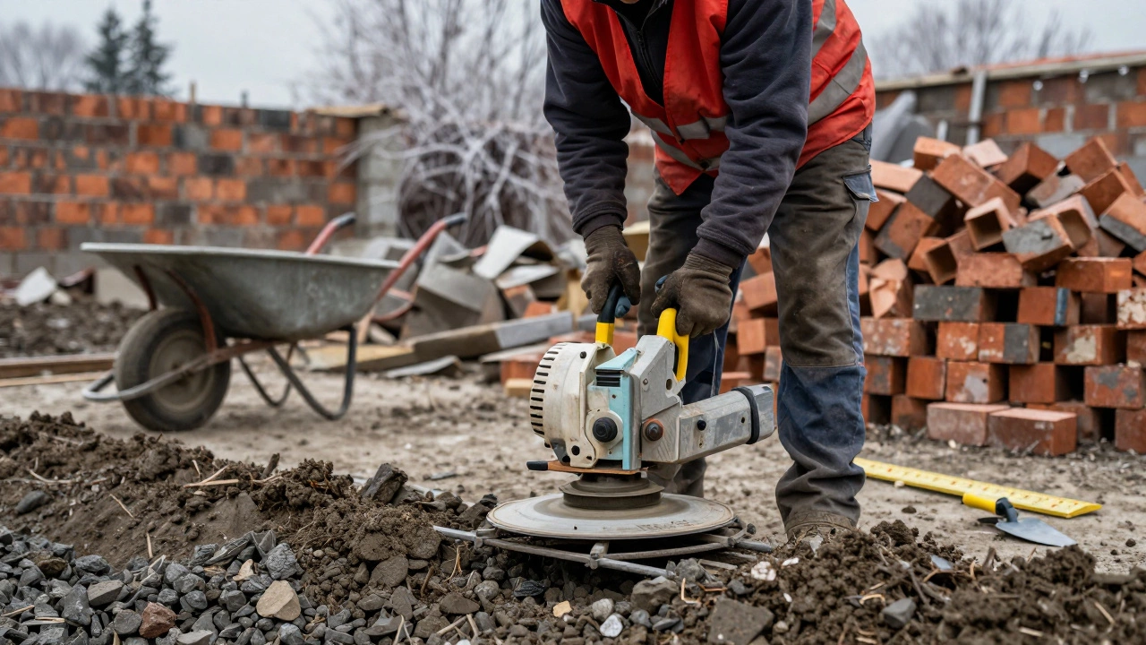 Строитель управляет виброплитой, уплотняя гравий для фундамента, вокруг кирпичи и инструменты.
