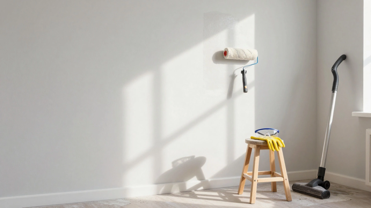 Свежеокрашенная стена с малярным скотчем и инструментами на фоне уютной комнаты.