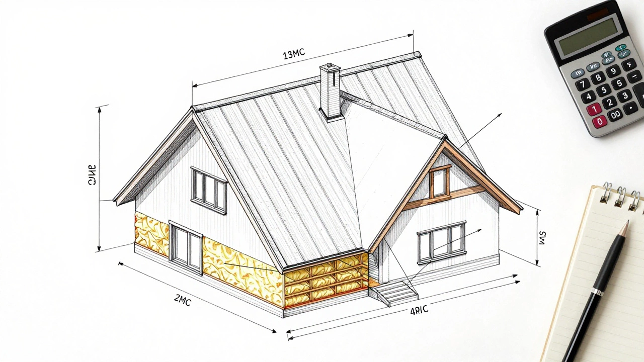 Технический чертёж вальмовой крыши с разбивкой на трапеции и треугольники, с размерами и калькулятором.