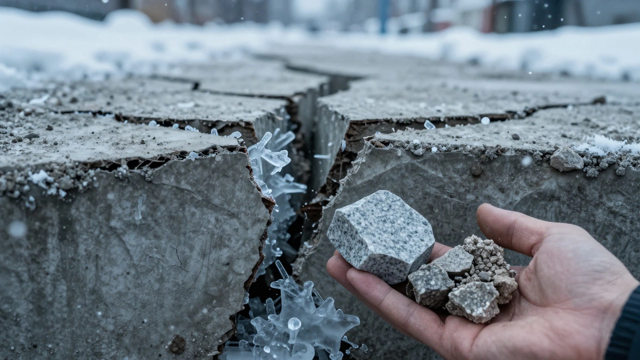 Трещины в бетонном фундаменте под снегом с двумя образцами камня: целый щебень и крошащийся отсев.