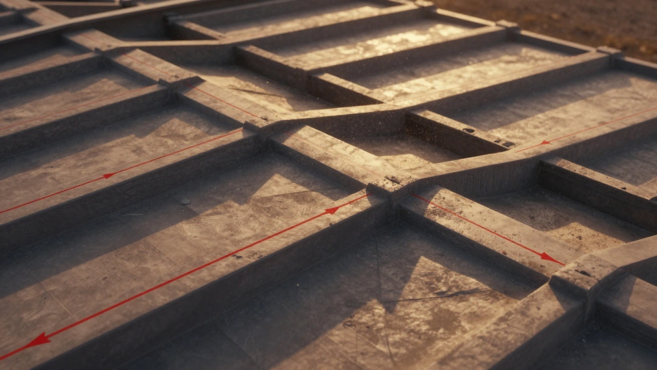 Вид сверху на сложную кровлю с обозначенными линейными участками красными стрелками.