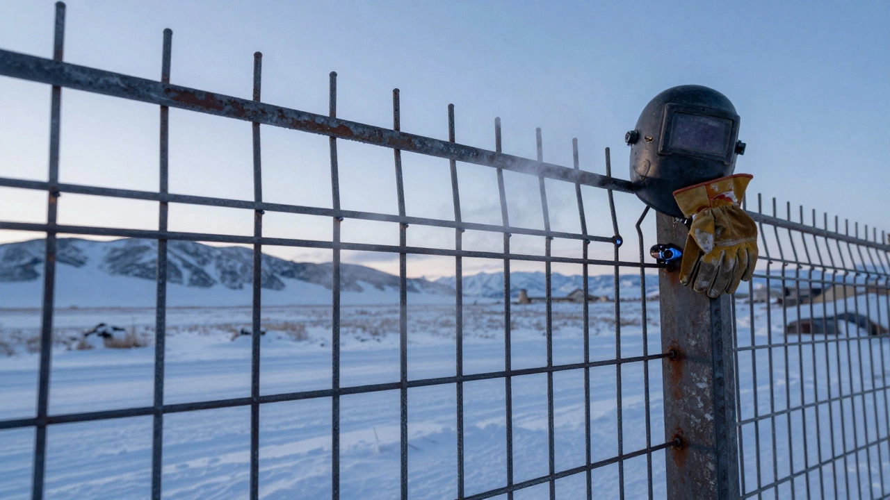 Железный забор из стали Ст3 стоит на снегу в Уральских горах, дымится от сварки.