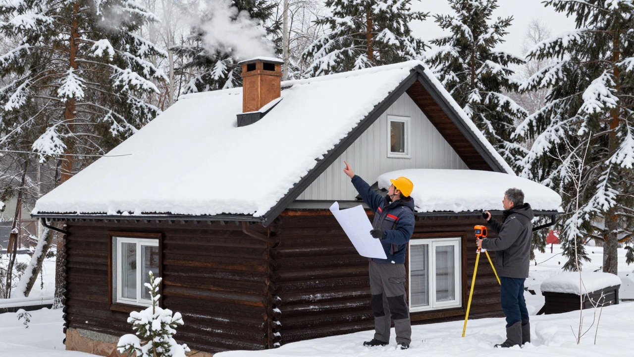 Зимний дом в Екатеринбурге с заснеженной вальмовой крышей, кровельщик измеряет её с земли.