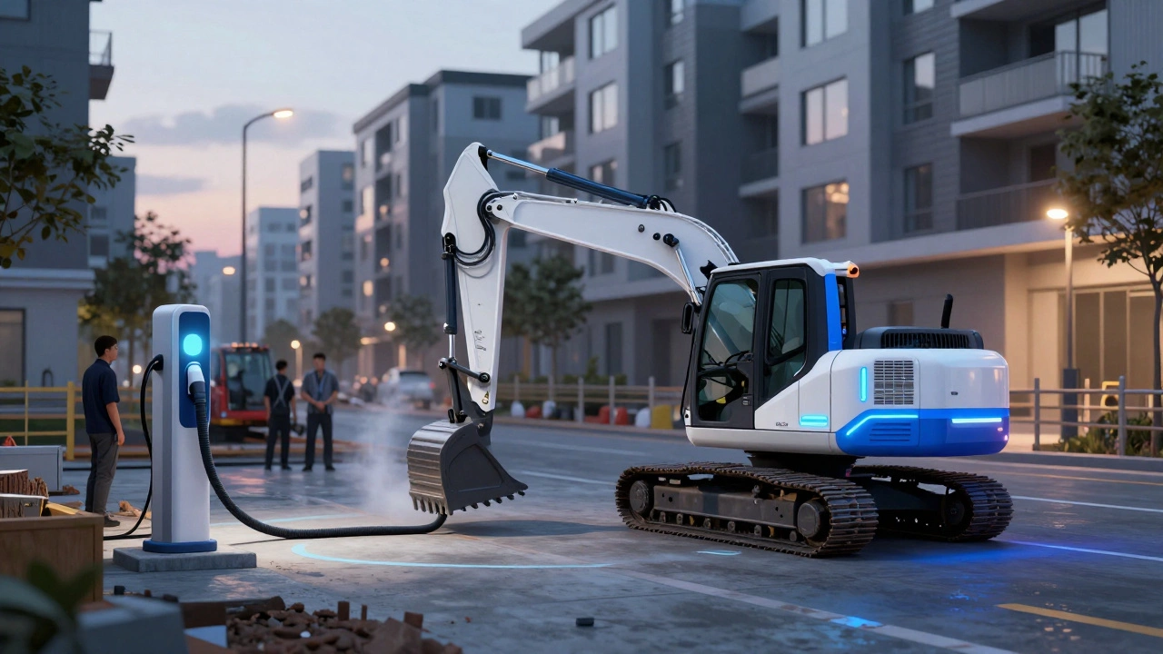 Электрическая строительная машина на городской стройке без дыма