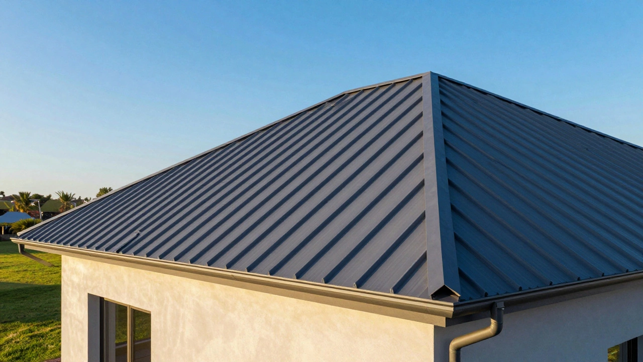 Готовый дом с металлической черепицей и водостоками под солнечным светом.